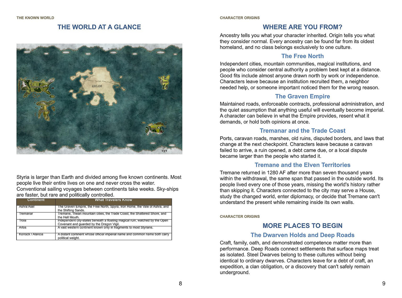 Explorer Edition sample pages showing the World of Styria map and character origin guidance.