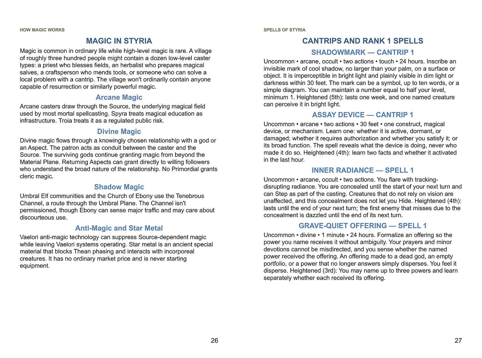 Explorer Edition sample pages showing magic in Styria and Pathfinder Second Edition spells.
